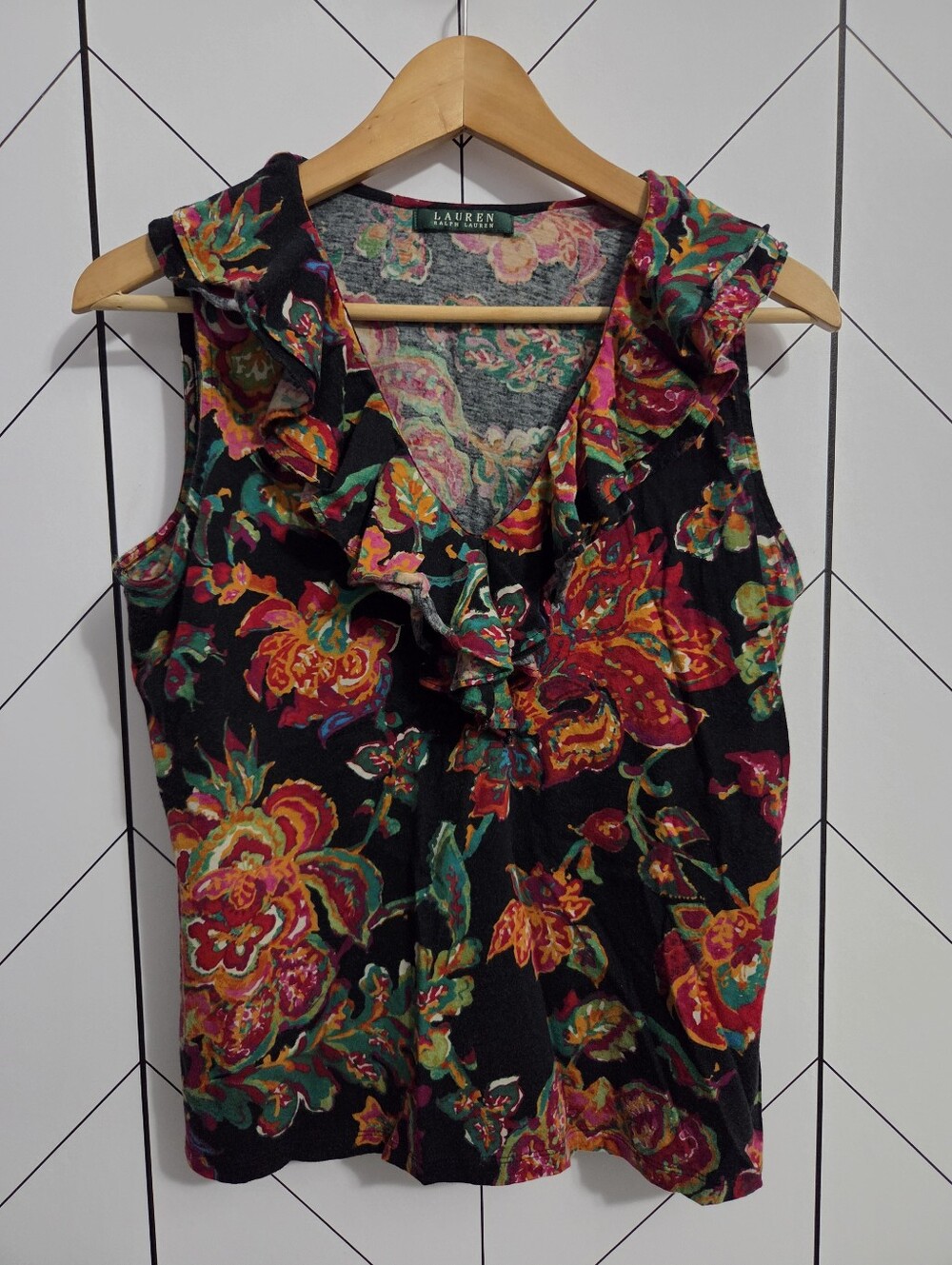 Lauren Ralph Lauren Multicolor Floral Sleeveless Knit Ruffled Tank Top, Size M